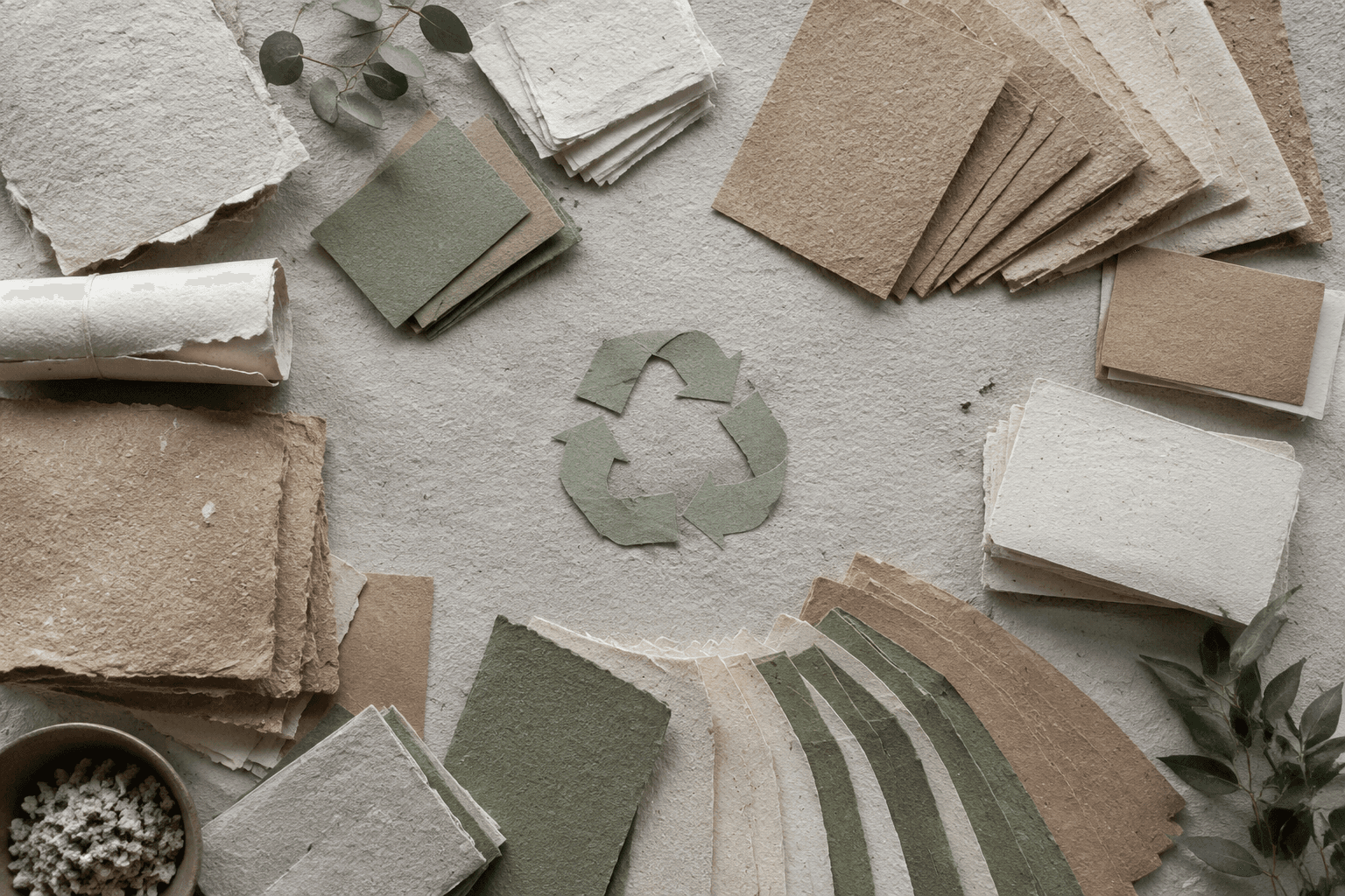 Overhead recycled paper cycle workbench with kraft sheets, note cards and green labels arranged in a rotating spiral